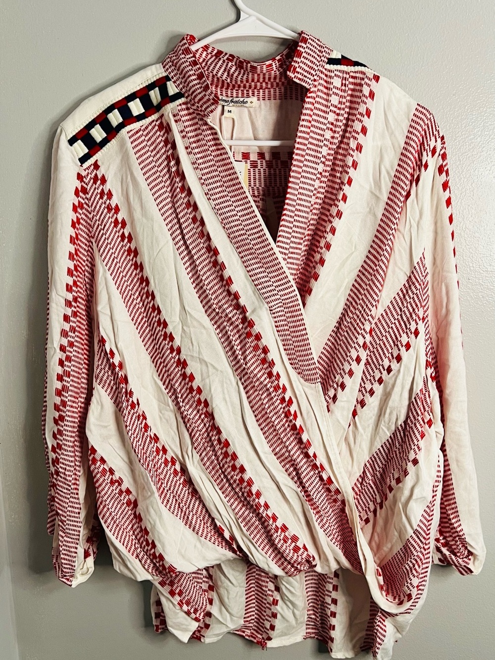 Walmart Red and White Patterned Wrap Blouse